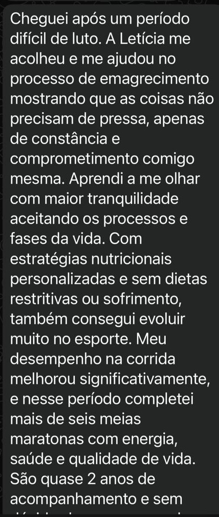 Print de WhatsApp com depoimento de paciente sobre nutrição para corrida