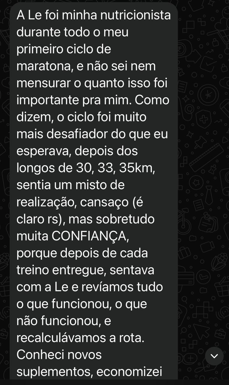 Print de WhatsApp: depoimento de Amanda A. sobre primeiro ciclo de maratona