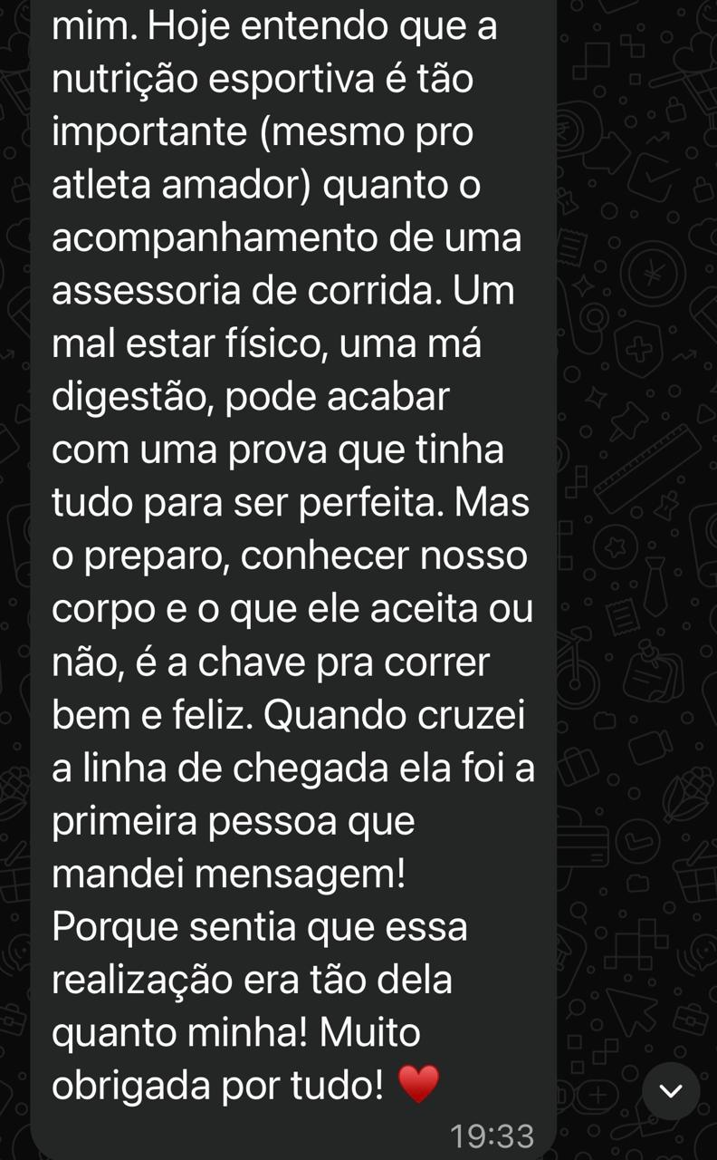 Print de WhatsApp: depoimento de Amanda A. sobre primeiro ciclo de maratona, parte 3
