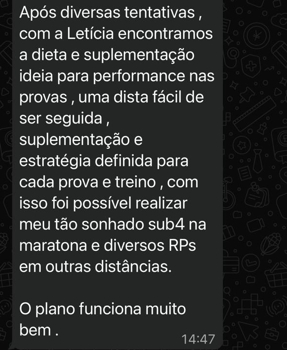 Print de WhatsApp: depoimento de Gustavo N. sobre performance na maratona